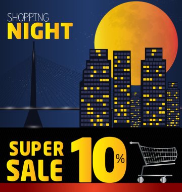 Gece alışveriş, yüzde 10 indirim. Gece vektör şehir. v