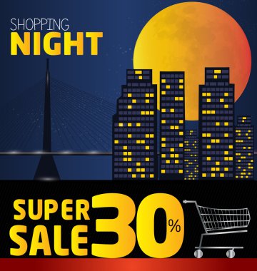 Gece alışveriş, yüzde 30 indirim. Gece vektör şehir. v