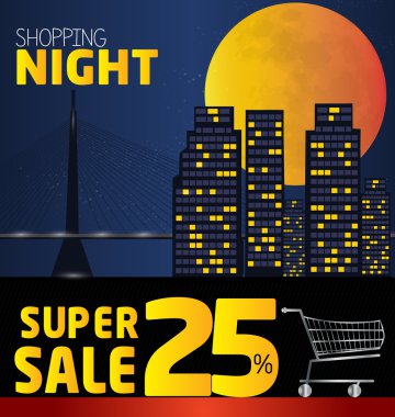 Gece alışveriş, yüzde 25 indirim. Gece vektör şehir. v