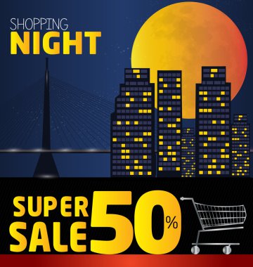 Gece alışveriş, yüzde 50 indirim. Gece vektör şehir. v