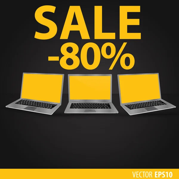 Venta de laptops. Fondo negro con ordenadores portátiles con un sc amarillo — Archivo Imágenes Vectoriales