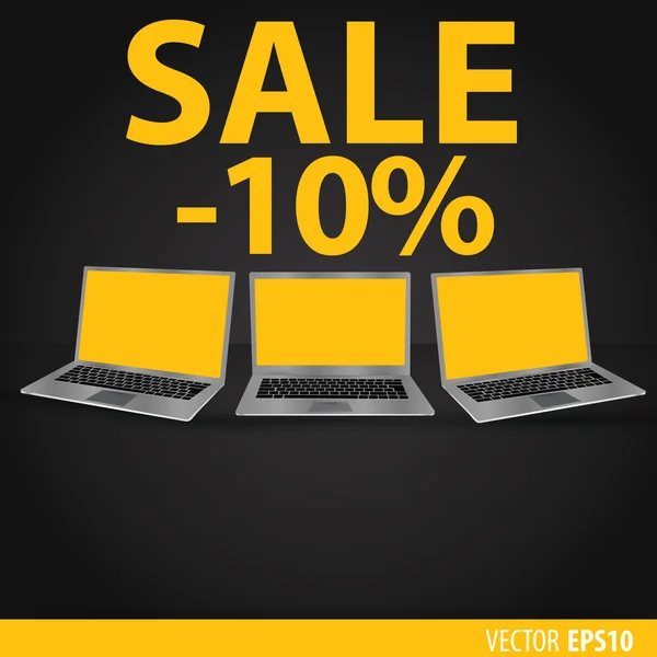 Ventes d'ordinateurs portables. Fond noir avec des ordinateurs portables avec une sc jaune — Image vectorielle