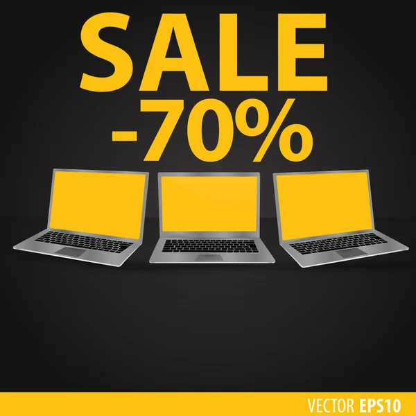 Venta de laptops. Fondo negro con ordenadores portátiles con un sc amarillo — Archivo Imágenes Vectoriales