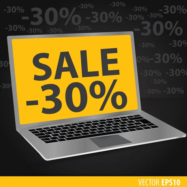 Försäljningen av bärbara datorer. Svart bakgrund med bärbara datorer med en gul sc — Stock vektor