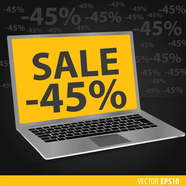 Продажа ноутбуков. Черный фон с ноутбуками с желтым диском — стоковый вектор