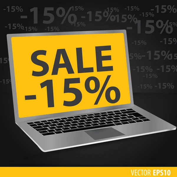 Vendite di portatili. Sfondo nero con computer portatili con uno sc giallo — Vettoriale Stock