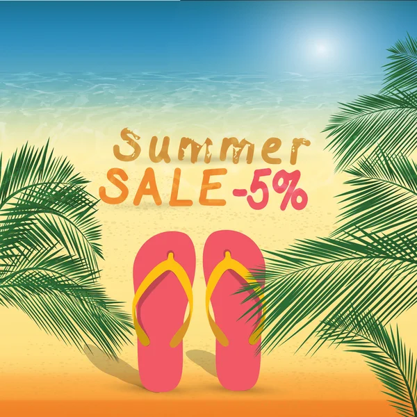 여름 슬리퍼와 모래에 5%의 여름 할인 — 스톡 벡터