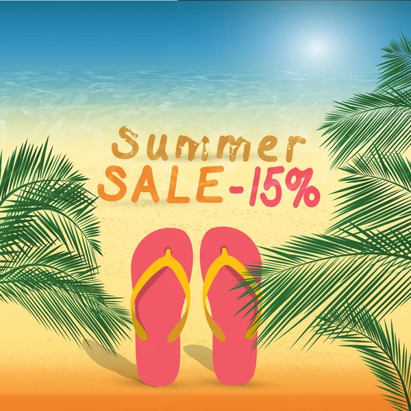 Descuento de verano de 15 por ciento en la arena con zapatillas de verano  . Vectores de stock libres de derechos