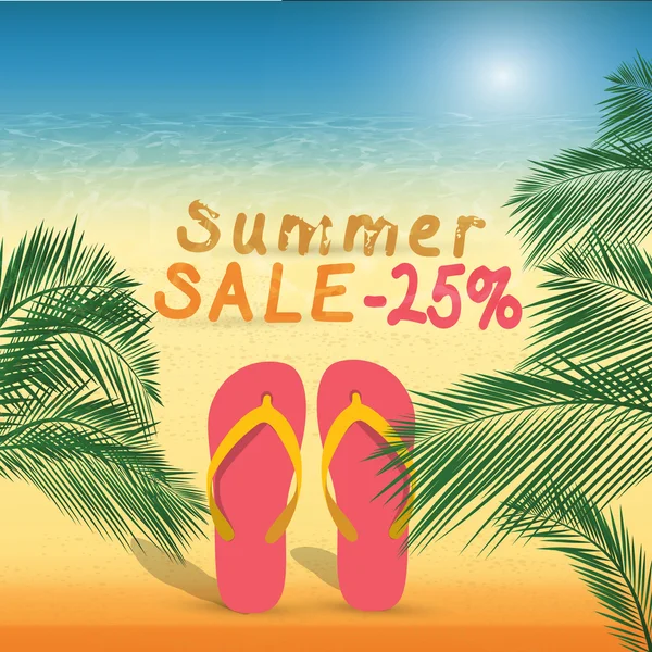 Descuento de verano de 25 por ciento en la arena con zapatillas de verano  . Gráficos vectoriales