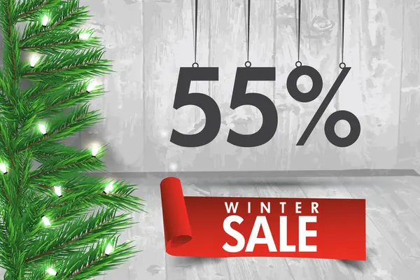 Winterschlussverkauf 55 Prozent. Winterschlussverkauf Hintergrund mit rotem Band b — Stockvektor