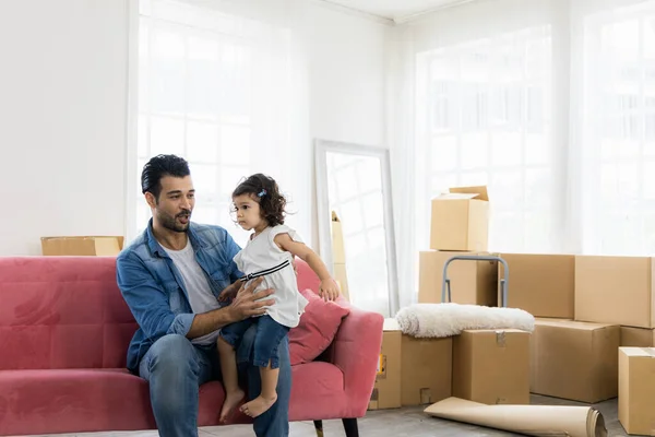 Happy Family Moment House Father Daughter Relaxing Red Sofa Family — Stock Photo, Image