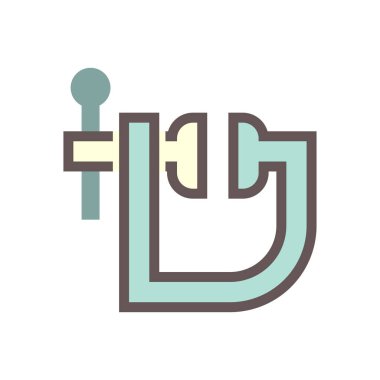 C-klemp simgesi. G-klemp ya da G-kramp da deniyor. Çerçeve, sabit çene, hareket edebilen çene, kol, yaka ve vidalardan oluşuyor. İş yapmaya alışkındır. Ahşap, metal, kesim, kaynak ve imalat için boru.