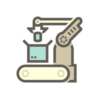 Robot, üretim hattı vektör ikonu. Robot el, kol, ürün, kutu ambalajı, taşıyıcı bant ve makineden oluşuyor. Endüstri için otomasyon mühendisliği teknolojisi assembly, imalat, süreç.