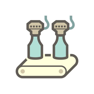 İçecek endüstrisi vektör ikonu. Bu iş süreci otomasyonu üretim hattında taşıma bandı üzerinde sıra şişesi ve içecek ürünü üretmek için ambalajda su veya sıvıyı doldurmaktan oluşur..