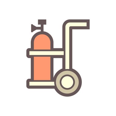 Teleskopik kulplu oksijen tankı ya da oksijen depolama gemisi tekerlek vektör ikon tasarımlı katlanabilir tramvay sepetini tutabilir. Tıbbi nefes alma, hastanede terapi ve kaynakçılık, inşaat sahasında iş kesme.