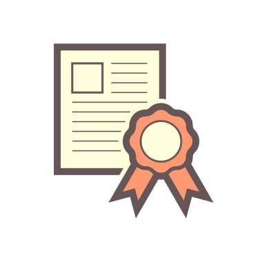 Sertifika veya profesyonel sertifika vektör simgesi. Madalya, kağıt ya da belgeden oluşur. Beceri, nitelik, diploma, eğitim, başarı ve işçi kalitesi garantisi veya garantisi için.