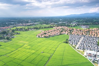 Arazi havadan görünüyor. Manzara, gayrimenkul, yeşil tarla, mahsul, tarım fabrikası dahil. Chiang Mai 'de konut paylaşımı, geliştirme, mülkiyet, satış, kira, satın alma veya yatırım.