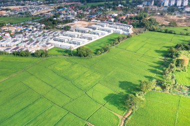 Hava manzaralı yeşil alan karası ya da manzarası. Tarım çiftliği, ev inşaatı, köy dahil. O gayrimenkul veya mülk. Konut paylaşımı, geliştirme, satış veya yatırım için arsa.