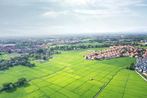 Land plot in aerial view. Include landscape, real estate, green field, crop, agricultural plant. Tract of land for housing subdivision, development, owned, sale, rent, buy or investment in Chiang Mai.