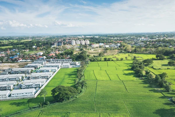 Land or landscape of green field in aerial view. Include agriculture farm, house building in village. That real estate or property. Plot of land for housing subdivision, development, owned, sale, rent, buy or investment in Chiang Mai of Thailand.