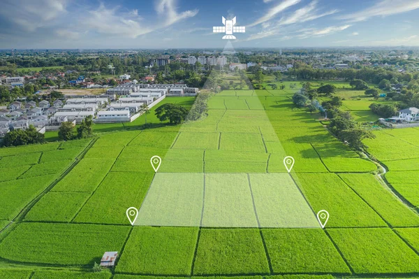 Land plot in aerial view. Identify registration symbol of vacant area for map. That property, real estate for business of home, house or residential i.e. construction, development, sale, rent, buy, purchase or investment.