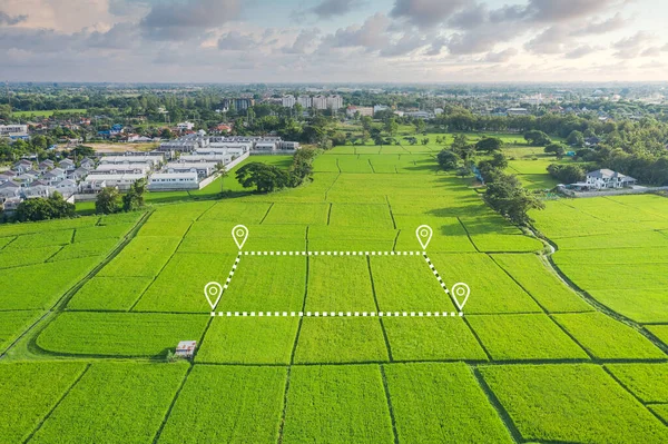 Land plot in aerial view. That identify registration symbol of vacant area for map. That property or real estate for business of home, house or residential i.e. construction, development, sale, rent, buy, purchase or investment.