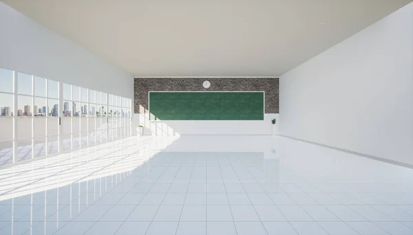 教室の背景の3Dレンダリング 大学や大学の空の部屋のインテリア 教師学生が教え学ぶための視点での板や黒板 白いセラミックタイル床 — ストック写真