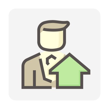 Emlakçı ya da emlakçı vektör ikonu. Ev ya da bina dahil. İnsanlar gayrimenkul, mülk, hukuk gibi konularda uzmandır. Geliştirme, sahiplenme, satış, kira, satın alma, yatırım. 48x48 px