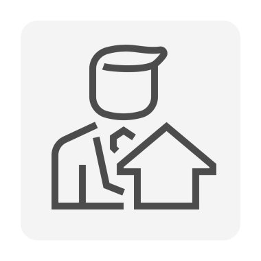 Emlakçı ya da emlakçı vektör ikonu. Ev ya da bina dahil. İnsanlar gayrimenkul, mülk, hukuk gibi konularda uzmandır. Geliştirme, sahiplenme, satış, kira, satın alma, yatırım. 48x48 px