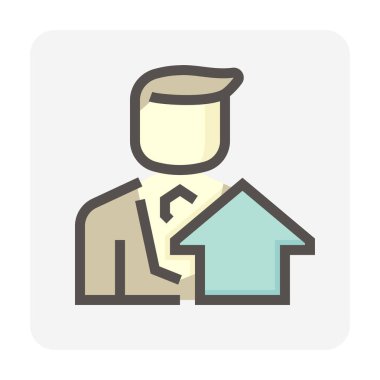 Emlakçı ya da emlakçı vektör ikonu. Ev ya da bina dahil. İnsanlar gayrimenkul, mülk, hukuk gibi konularda uzmandır. Geliştirme, sahiplenme, satış, kira, satın alma, yatırım. 48x48 px