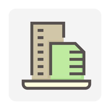 Yüksek bina ya da yerleşim vektör simgesi. Şu apartman dairesi, ofis, apartman ya da şehirdeki otel. Gayrimenkul veya gayrimenkul geliştirme, mülkiyet, satış, kira, satın alma, satın alma veya yatırım. 48x48 piksel.