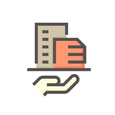 Konut veya apartman dairesi ve emlakçı veya emlakçı vektör ikonu. Bu yüksek bina ve insanlar gayrimenkul, emlak, kalkınma hukuku, mülkiyet, satış, kira, alım, yatırım konularında uzmanlaşmışlardır. 48x48 piksel.