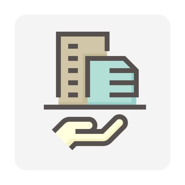 Konut veya apartman dairesi ve emlakçı veya emlakçı vektör ikonu. Bu yüksek bina ve insanlar gayrimenkul, emlak, kalkınma hukuku, mülkiyet, satış, kira, alım, yatırım konularında uzmanlaşmışlardır. 48x48 piksel.