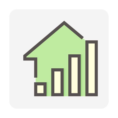 Ev fiyatı veya değer artışı vektör simgesi. Ev ya da ev inşaatı, büyüme grafiği. Geliştirme, mülkiyet, satış, kira, satın alma, satın alma veya yatırım için emlak oranı. 64x64 px.