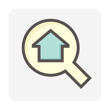 Arama evi vektör simgesi tasarımı. Büyüteç ve insanlardan oluşuyor. Asistan, emlakçı ya da emlakçı kalkınma, mülkiyet, satış, kira, satın alma ya da yatırım için gayrimenkul bulmalı. 48x48 px