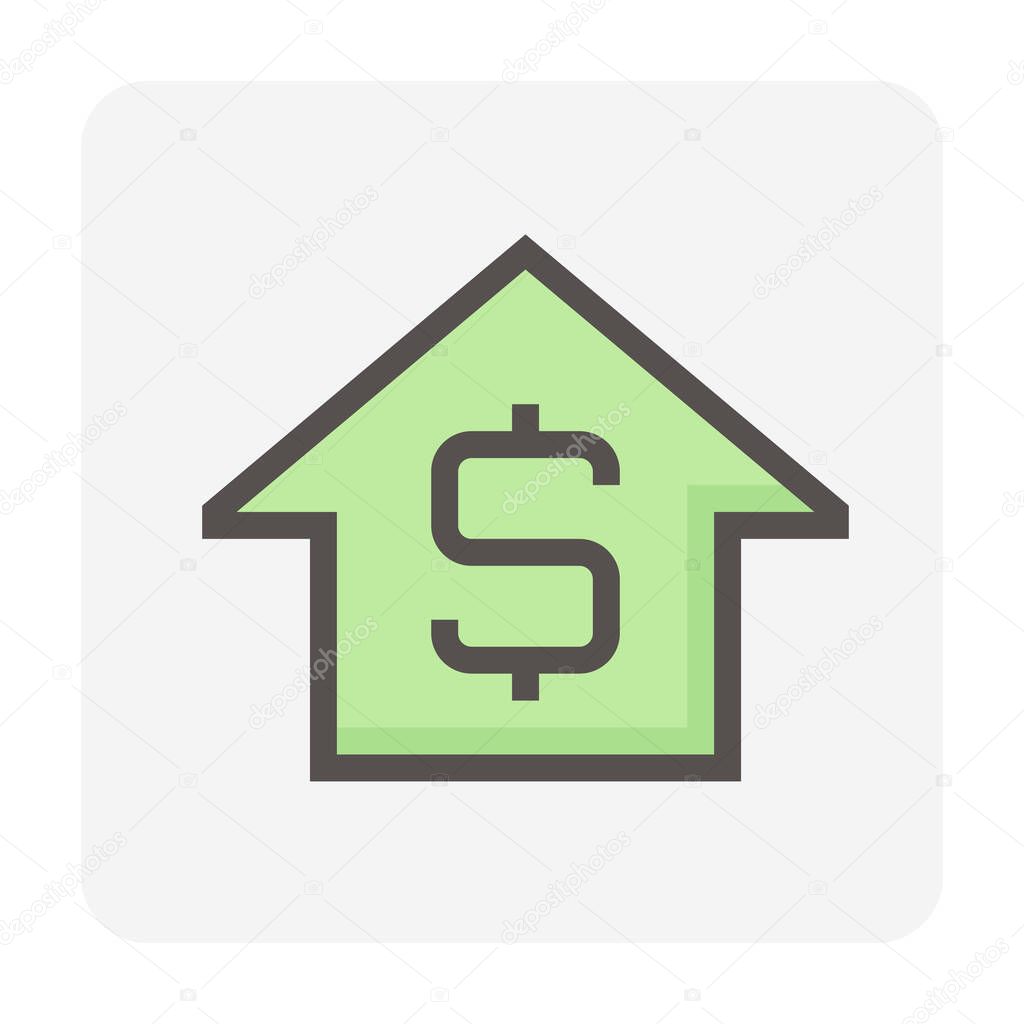 House price or value vector icon design. Consist of home or house building, dollars sign. That rate or price of real estate or property for development, sale, rent or investment. 48x48 pixel.