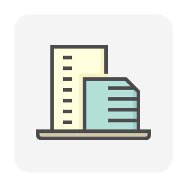 Yüksek bina ya da yerleşim vektör simgesi. Şu apartman dairesi, ofis, apartman ya da şehirdeki otel. Gayrimenkul veya gayrimenkul geliştirme, mülkiyet, satış, kira, satın alma, satın alma veya yatırım. 64x64 piksel.