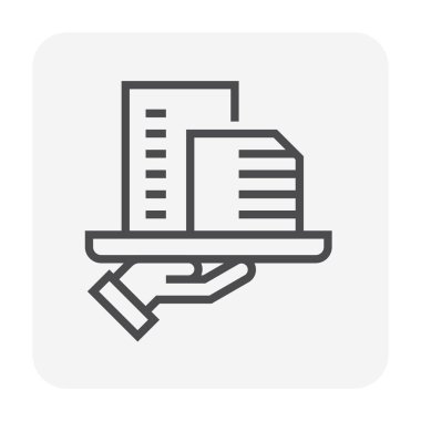 Konut veya apartman dairesi ve emlakçı veya emlakçı vektör ikonu. Bu yüksek bina ve insanlar gayrimenkul, emlak, kalkınma hukuku, mülkiyet, satış, kira, alım, yatırım konularında uzmanlaşmışlardır. 64x64 piksel.