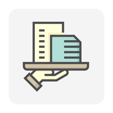 Konut veya apartman dairesi ve emlakçı veya emlakçı vektör ikonu. Bu yüksek bina ve insanlar gayrimenkul, emlak, kalkınma hukuku, mülkiyet, satış, kira, alım, yatırım konularında uzmanlaşmışlardır. 64x64 piksel.