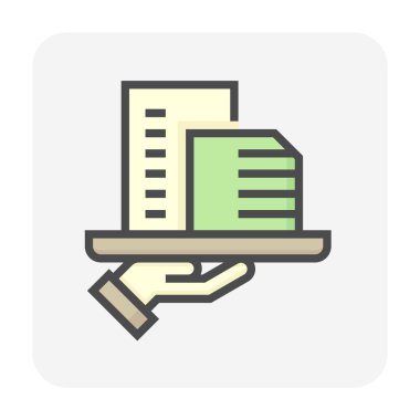 Konut veya apartman dairesi ve emlakçı veya emlakçı vektör ikonu. Bu yüksek bina ve insanlar gayrimenkul, emlak, kalkınma hukuku, mülkiyet, satış, kira, alım, yatırım konularında uzmanlaşmışlardır. 64x64 piksel.