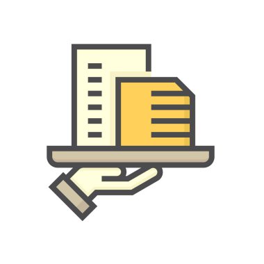 Konut veya apartman dairesi ve emlakçı veya emlakçı vektör ikonu. Bu yüksek bina ve insanlar gayrimenkul, emlak, kalkınma hukuku, mülkiyet, satış, kira, alım, yatırım konularında uzmanlaşmışlardır. 64x64 piksel.