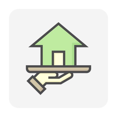 Emlakçı ya da emlakçı vektör ikonu. Ev ya da bina dahil. İnsanlar gayrimenkul, mülk, hukuk gibi konularda uzmandır. Geliştirme, sahiplenme, satış, kira, satın alma, yatırım. 64x64 px