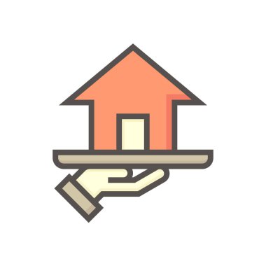 Emlakçı ya da emlakçı vektör ikonu. Ev ya da bina dahil. İnsanlar gayrimenkul, mülk, hukuk gibi konularda uzmandır. Geliştirme, sahiplenme, satış, kira, satın alma, yatırım. 64x64 px