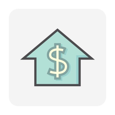 Ev fiyatı veya değer vektör ikonu tasarımı. Ev ya da ev inşaatı, dolar işareti. Kalkınma, satış, kira veya yatırım için bu oran veya gayrimenkul fiyatı. 64x64 piksel.