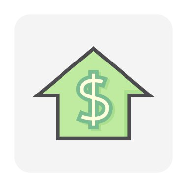 Ev fiyatı veya değer vektör ikonu tasarımı. Ev ya da ev inşaatı, dolar işareti. Kalkınma, satış, kira veya yatırım için bu oran veya gayrimenkul fiyatı. 64x64 piksel.