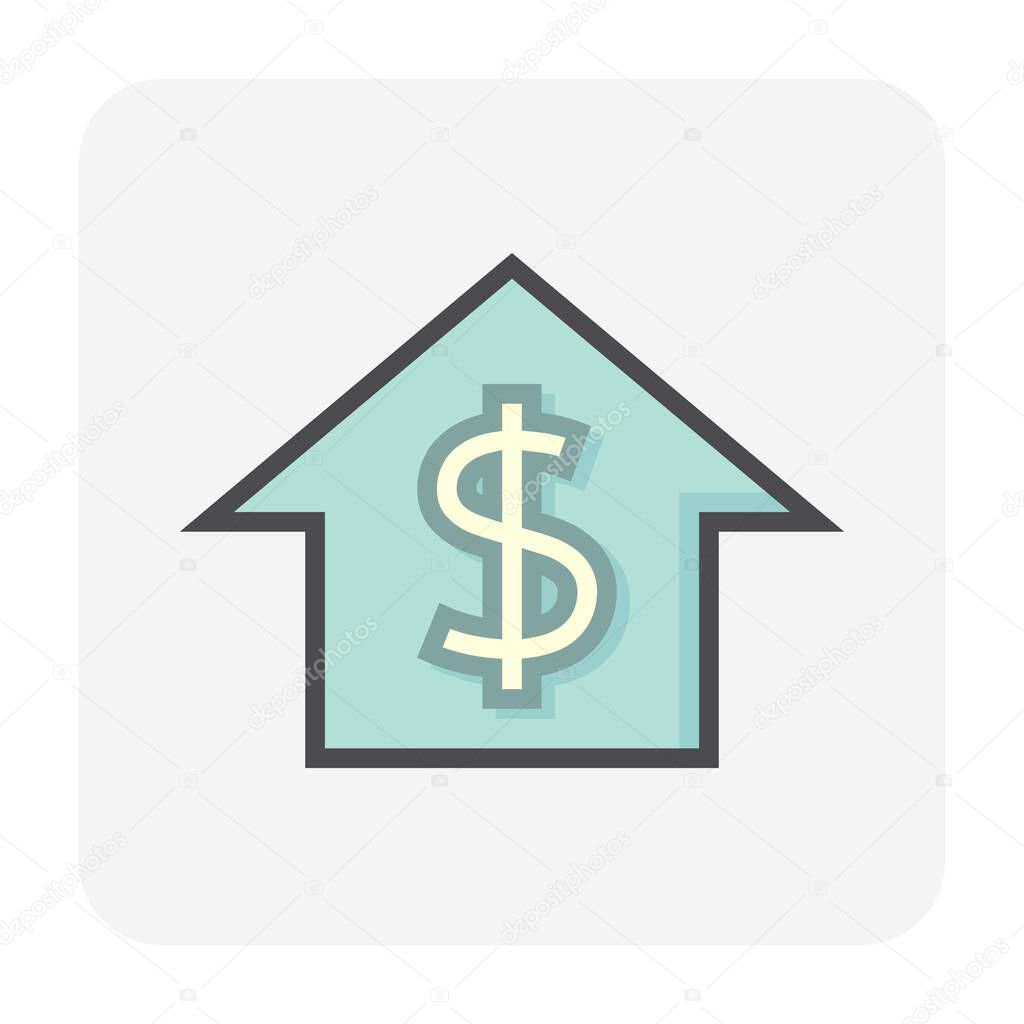 House price or value vector icon design. Consist of home or house building, dollars sign. That rate or price of real estate or property for development, sale, rent or investment. 64x64 pixel.