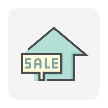 Satılık vektör simgesi. Bu haciz, ev ya da ev inşaatı ve forsale tabelasından oluşur. Geliştirme, sahiplenme, kiralama, satın alma, satın alma veya yatırım için de. 64x64 piksel.