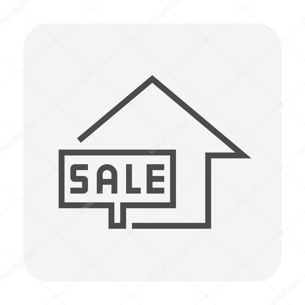 House for sale vector icon. That foreclose real estate or property consist of home or house building and forsale sign. Also for development, owned, rent, buy, purchase or investment. 64x64 pixel.