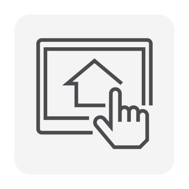 Ev vektör simgesini ara. Tablet ve insanlardan oluşuyor. Çevrimiçi olacak asistan, emlakçı ya da emlakçı kalkınma, mülkiyet, satış, kira, satın alma ya da yatırım için gayrimenkul ya da mülk bulacak. 64x64 piksel.