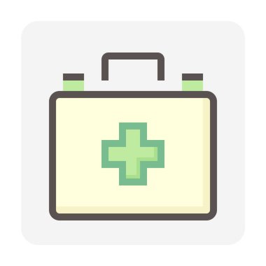 İlk yardım çantası vektör simgesi. Taşınabilir çanta, çanta ya da kutu, çapraz tabela, güvenlik ekipmanları ve tıbbi malzemelerden oluşur. Doktor için ilaç, acil durumlarda kurtarılacak doktor. 48x48 px